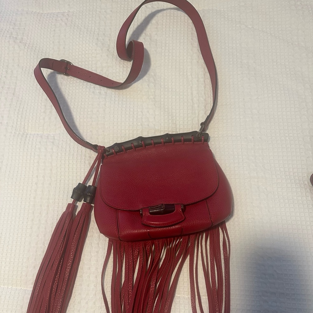 GUCCI Calfskin Small Nouveau Fringe Shoulder Bag Flame Red